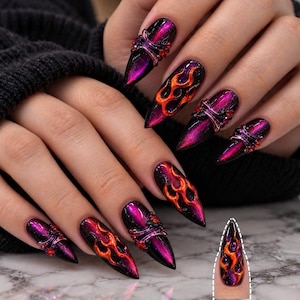 Purple Chrome Flame Press On Nails, Black Orange Fire Nails, Y2K Gothic Stiletto Nails, 3D Rhinestone Handmade False Nails, Long Pointed