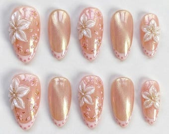 Peach Blossom 3D Flower Press On Nails, Glossy Pearl Pink Nails, Floral Handmade Nails, Elegant Spring Bridal Nails, Almond Shape Nail Set