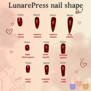 May include: Image showcasing various nail shapes, including short round, medium almond, and long stiletto, with measurements in millimeters. The text "LunarePress nail shape" is at the top. The image also includes illustrations of nail polish bottles.