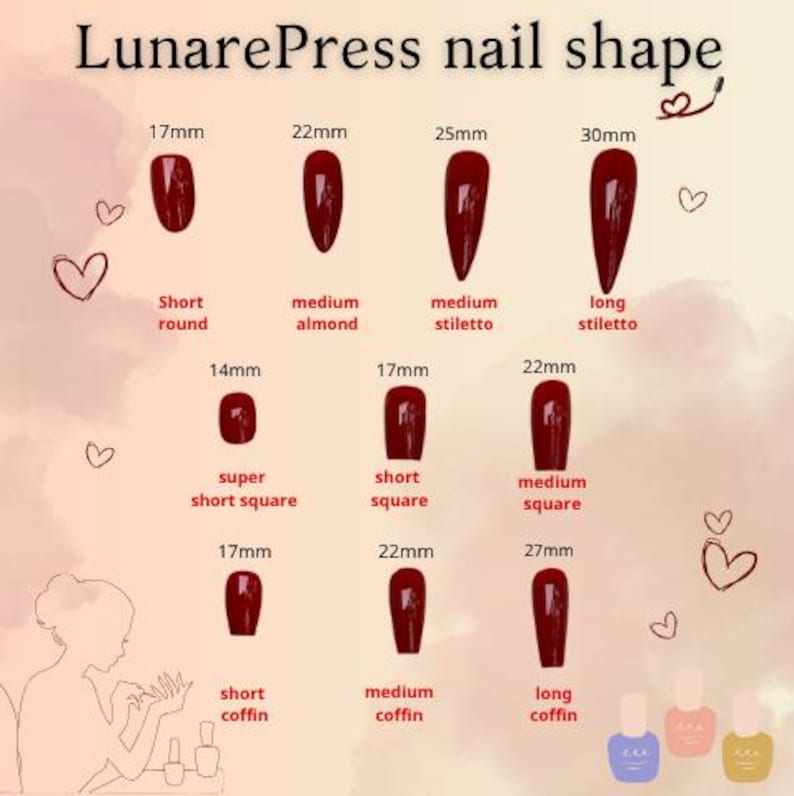May include: Image showcasing various nail shapes, including short round, medium almond, and long stiletto, with measurements in millimeters. The text "LunarePress nail shape" is at the top. The image also includes illustrations of nail polish bottles.