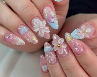 Pastellfärgade 3D-blommor med pressnaglar, gelérosa blå naglar, vårblommor med älvor, handgjorda pressnaglar, söta kawaii-naglar