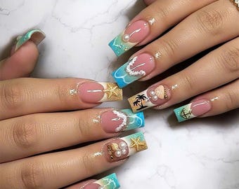 Beach French Press On Nails, Ocean Wave Nails with Pearls, Starfish & Seashell Nails, Summer Vacation Nails, Handmade Press On Nails