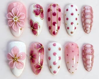 Pink White Floral Press On Nails, 3D Flower Nails, Gold Outline Blossom, Polka Dot Glossy Nails, Cute Feminine Bridal Nails, Handmade Set