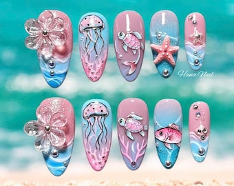 Uñas postizas Ocean Fantasy, uñas 3D con diseño de vida marina, uñas de medusa, tortuga y estrella de mar, uñas de sirena rosa y azul, uñas postizas de verano hechas a mano