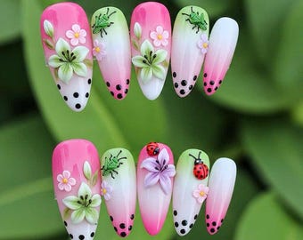 Spring Garden Press On Nails, Pink Green Ombre Floral 3D Nails, Ladybug Grasshopper Cute Nails, Handmade Press On Nails