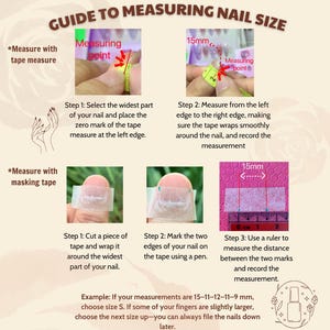 May include: A guide to measuring nail size, with instructions and illustrations. The guide shows how to measure nails using a tape measure or masking tape, with examples and a size chart. The text includes the steps to measure and choose the correct nail size.