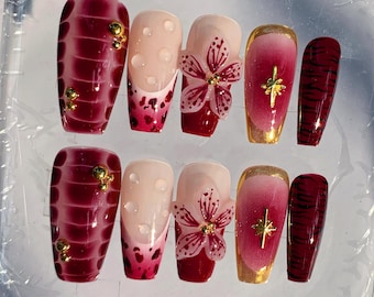 Pink Ombre 3D Flower Press On Nails, Handmade Floral Acrylic Nails, Glossy Feminine Fake Nails, Romantic Bridal Nails