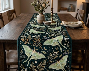 Luna Moth Velvet Table Runner, Dark Green Botanical Celestial Decor, Mystical Cottagecore Table Centerpiece, Witchy Dining Room Decor