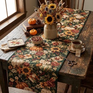 May include: A dark green table runner featuring a repeating pattern of sunflowers, pumpkins, and checkered quilt blocks. The runner is displayed on a wooden table with a ceramic pitcher of dried flowers, two small pumpkins, and a mug.