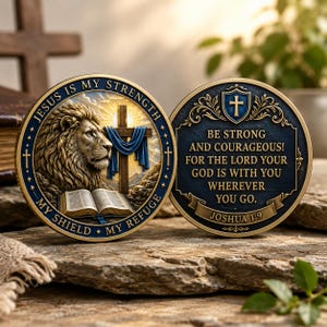 May include: Two circular metal coins with a dark blue and gold finish. One side features a lion, a cross with a blue cloth, and an open book with the text JESUS IS MY STRENGTH, MY SHIELD, MY REFUGE. The other side displays a shield and JOSHUA 1:9.