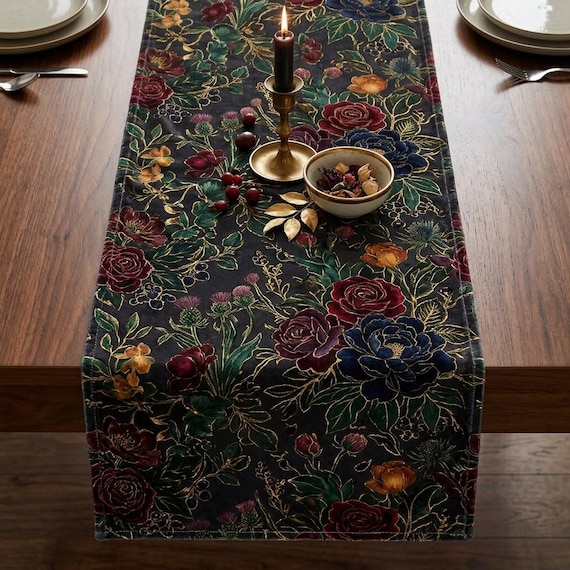 Dark Floral Velvet Table Runner, Moody Botanical Table Decor, Luxury Vintage Dining Linens, Maximalist Home Decor, Elegant Centerpiece