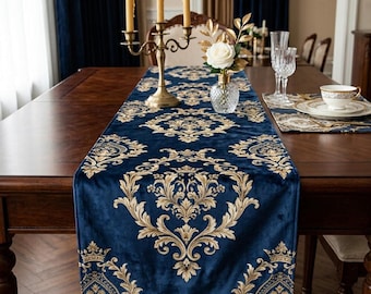 Luxury Navy Blue Velvet Table Runner, Gold Damask Print, Elegant Baroque Dining Room Decor, Vintage Royal Table Linens