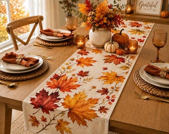 Fall Maple Leaf Table Runner, Autumn Table Decor, Colorful Fall Leaves Runner, Thanksgiving Table Runner, Rustic Harvest Dining Decor