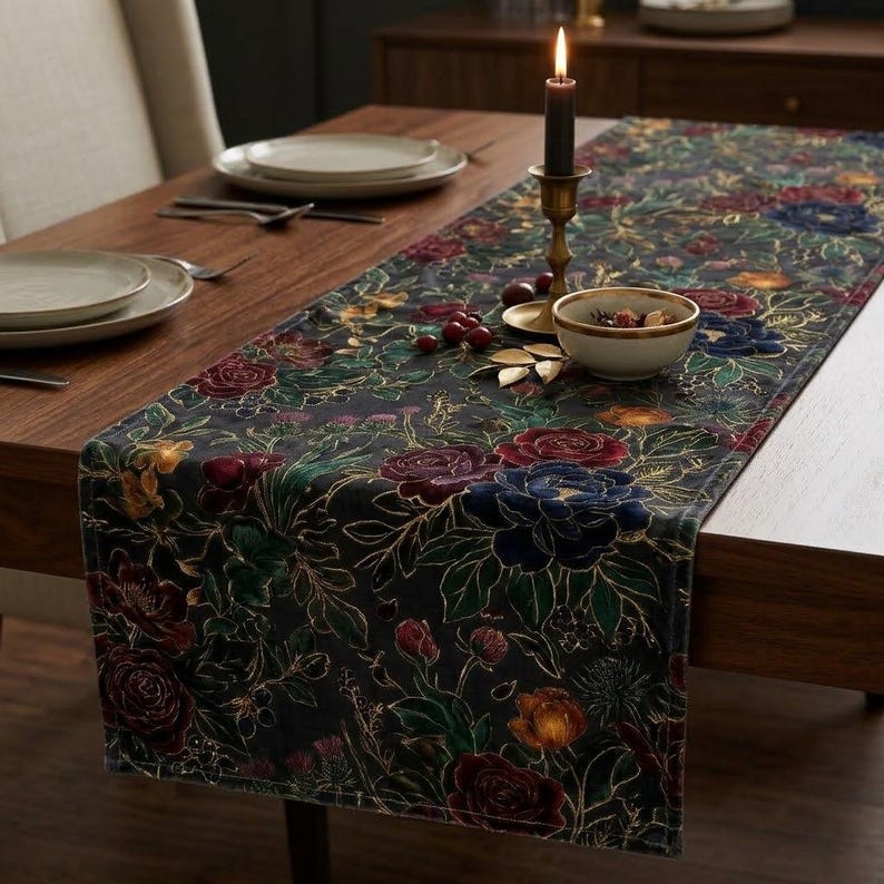 May include: A dark-colored velvet table runner featuring a floral pattern with red, blue, and yellow flowers, green leaves, and gold-colored outlines. The runner is placed on a wooden table with white plates, a candle in a holder, and a small bowl.