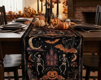 Velvet Halloween Table Runner, Gothic Spooky Dining Decor, Skeleton & Bat Premium Fabric Tablecloth, Witchy Fall Party Centerpiece