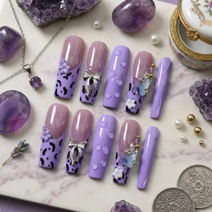 Purple Y2K Leopard Butterfly Press On Nails | Long Square Kawaii Coquette False Nails