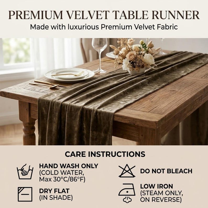 May include: A long, olive-toned velvet table runner draped over a wooden table. The image includes text: PREMIUM VELVET TABLE RUNNER, Made with luxurious Premium Velvet Fabric, and CARE INSTRUCTIONS: HAND WASH ONLY (COLD WATER, Max 30&deg;C/86&deg;F), DO NOT BLEACH, DRY FLAT (IN SHADE), LOW IRON (STEAM ONLY, ON REVERSE).