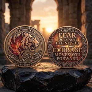 May include: Two circular bronze-toned coins featuring embossed designs. One coin displays a tiger head with broken chains and the text BE BRAVE MOVE FORWARD. The other coin features the text FEAR DOES NOT DEFINE YOU COURAGE MOVES YOU FORWARD.