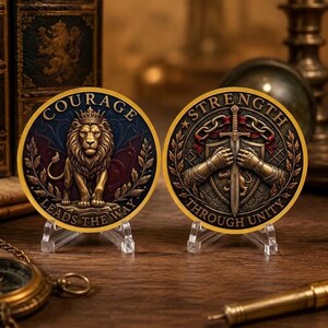 May include: Two circular metal coins displayed on clear stands. The left coin features a gold lion wearing a crown with the text COURAGE LEADS THE WAY. The right coin depicts armored gauntlets holding a sword over a shield with STRENGTH THROUGH UNITY.