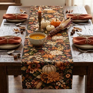 May include: A dark table runner featuring a print of autumn flowers, pumpkins, and leaves. The table is set with two plates, each holding a folded orange napkin tied with twine, a bowl of orange soup, a candle in a holder, and decorative gourds.