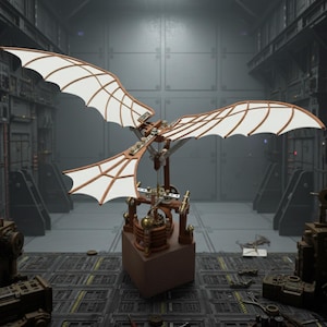 May include: A brown and white model of a flying machine with large, wing-like structures. The model features intricate mechanical details, including gears and a wooden base. The wings are white with brown trim, and the overall design evokes a vintage aesthetic.