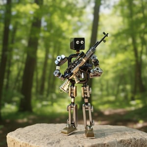 May include: A mechanical robot figure with a black head and body, holding a silver and black rifle. The robot is made of metal and stands on a stone surface, with a blurred forest background.