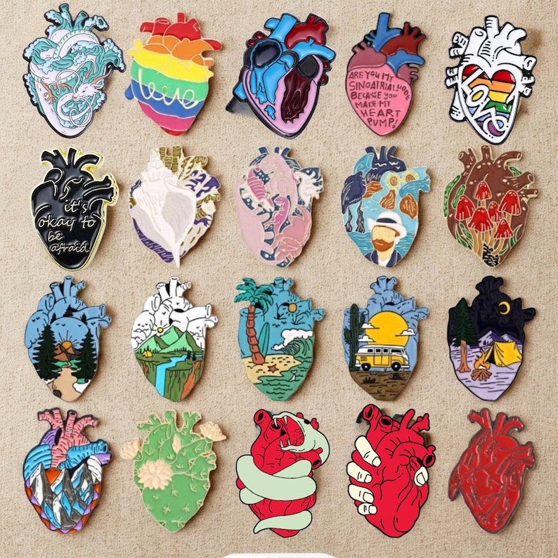 Quirky Anatomical Heart Enamel Pins – Artistic Scenic & Cartoon Style ...