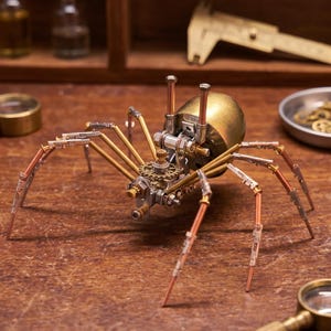 Puede incluir: Una escultura de araña de metal de estilo steampunk con cuerpo y patas de color latón y detalles mecánicos plateados. La araña tiene múltiples engranajes y pernos, y está colocada sobre una superficie de madera. Una lupa y otras herramientas están en el fondo.