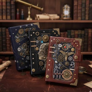以下が含まれることがあります： スチームパンクデザインの革製ジャーナル3冊。ジャーナルは、複雑な金属製の歯車、コグ、装飾が特徴です。カバーはネイビーブルー、ブラック、ブラウンで、真鍮色のコーナーアクセントと留め金が付いています。ジャーナルは茶色の表面に表示されています。