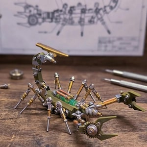 Op de afbeelding: Een gedetailleerde steampunk schorpioen sculptuur gemaakt van metalen componenten. De schorpioen heeft een groene behuizing, messing accenten en ingewikkelde mechanische details. Het staat op een houten oppervlak met een blauwdruk op de achtergrond.