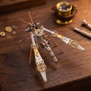 Puede incluir: Una detallada escultura de libélula steampunk hecha de engranajes metálicos, varillas de cobre y alas plateadas. La figura, con forma de insecto, tiene intrincados detalles mecánicos, con pequeños engranajes que forman las alas y el cuerpo. La escultura se exhibe sobre una superficie de madera.