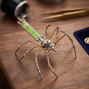 Puede incluir: Escultura de araña metálica de estilo steampunk con cuerpo de nivel y detalles de engranajes. Las patas son de tonos plateados y dorados. La escultura está sobre una superficie de madera.