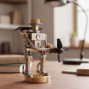 Könnte beinhalten: Eine Steampunk-Roboterfigur aus Messing und Silber mit einem Propeller. Der Roboter hat einen Hut, eine kameraähnliche Brust und gegliederte Gliedmaßen. Er steht auf einem runden Sockel und scheint den Propeller zu halten. Der Hintergrund ist unscharf.