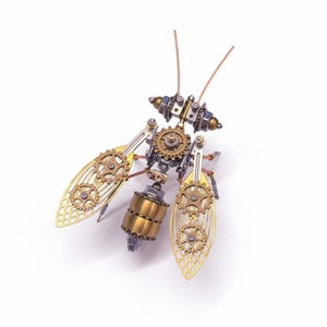 Puede incluir: Una escultura de insecto de estilo steampunk hecha de engranajes, tuercas y pernos de latón, cobre y acero. El insecto tiene intrincados detalles de alas y antenas. La escultura está sobre un fondo blanco.