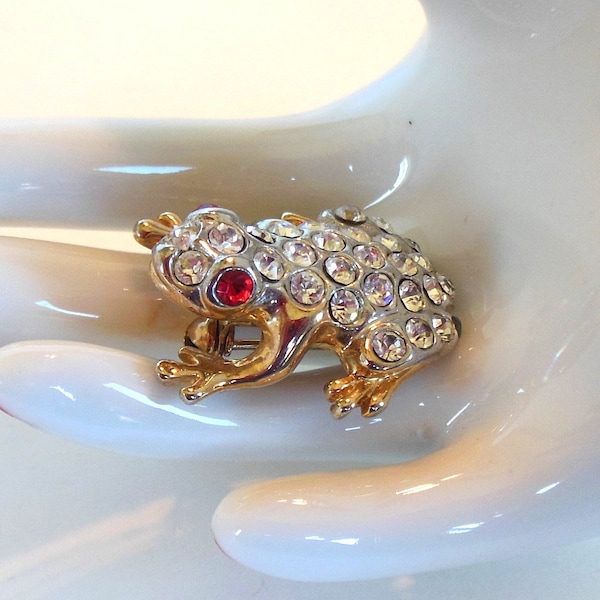 Vintage Rhinestone Frog Brooch Gold 60's (item 78)