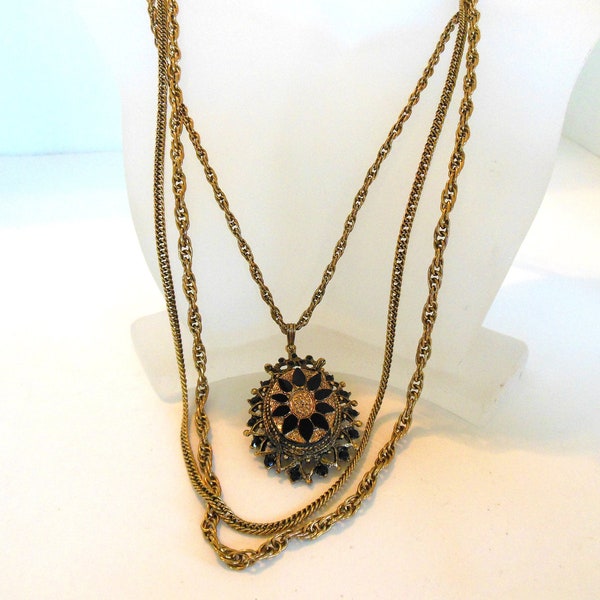 Vintage Glass Necklace Glass Gold Black Three Strand Chain 60's (item 27)