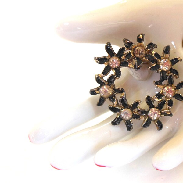 Vintage Brooch Painted Rhinestone Flowers Black Silver Circle 50's  ( item 44)