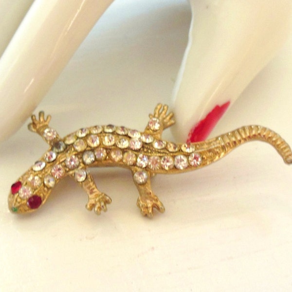 Vintage Rhinestone Lizard Brooch Gold 50's (item 235)