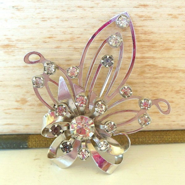 Vintage Convertible Brooch Rhinestone Ribbons Silver 50's (item 167)