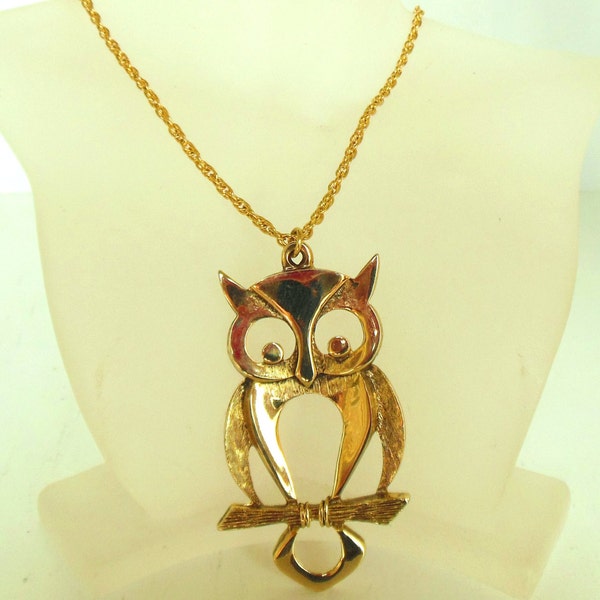 Vintage Owl Necklace Large Pendant Chain Gold 26" 60's (item 12)