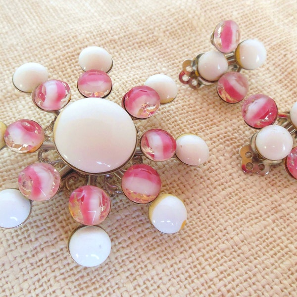 Vintage Milk Glass Brooch Earrings Pink Set Star Burst Atomic 50's (item 12)