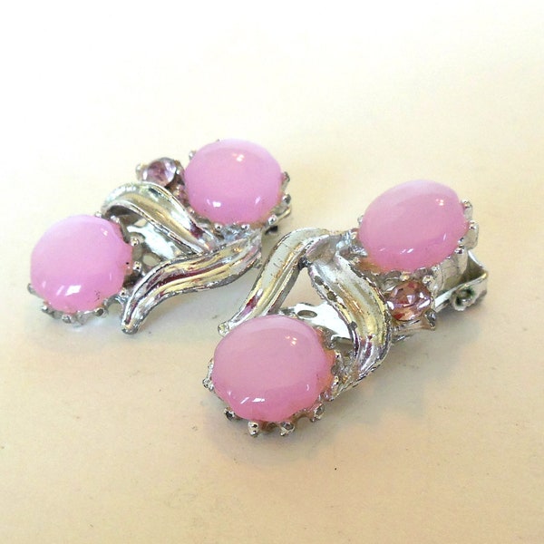 Vintage Moon Glow Pink Rhinestone Silver Clip Earrings 50's (item 62)