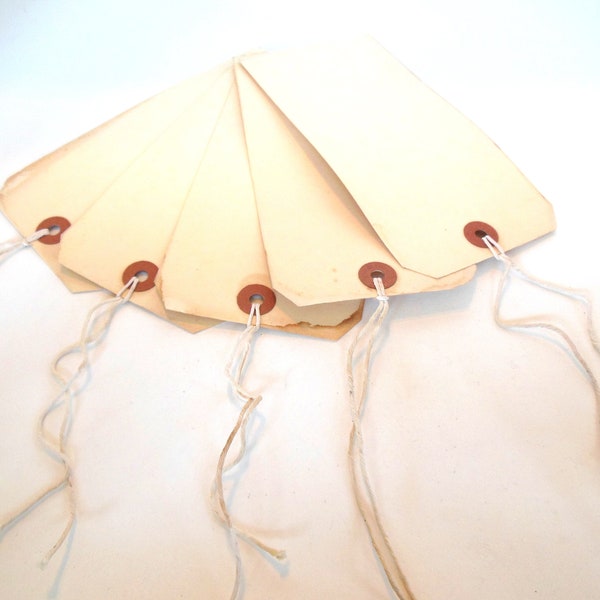 Vintage Hang Tags Large 6 Inch Set 5 Yellowed Aged Cotton String Card Stock 50's (item 23)