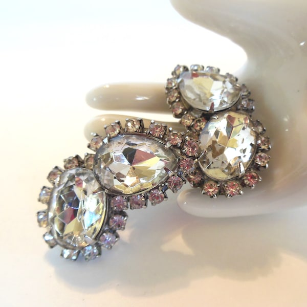 Vintage Rhinestone Pear Oval Clip Earrings Silver 50s (item 20)