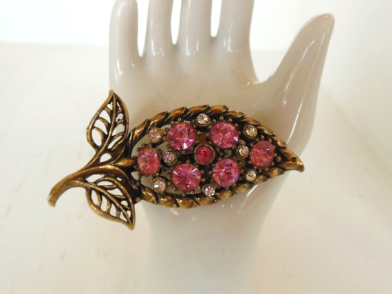 Vintage Coro Brooch Rhinestone Pink Gold Flower 5… - image 2