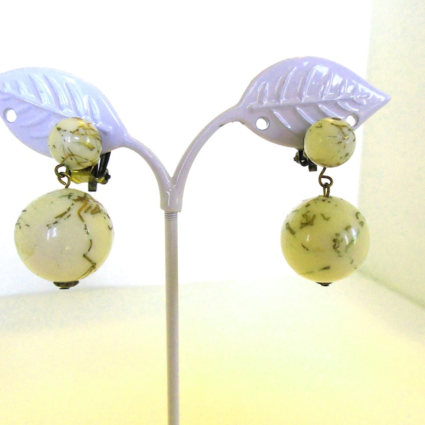 Vintage Lucite Clip Earrings Cream Gold Veins Balls Dangle Mid Century Germany 50's (item 174)