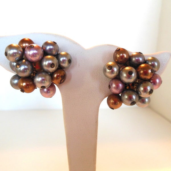 Vintage Clip Earrings Shaggy Dangle Mauve Gray Pearls Gold 50's (item 18)