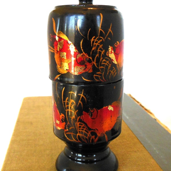 Vintage Lacquer Toothpick Holder Black Red Orange Fish Japanese 60's - 70s (item 34)