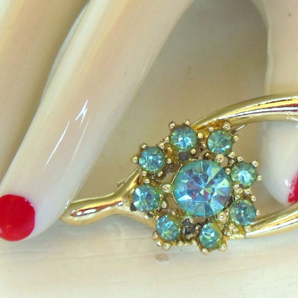 Vintage Rhinestone Wish Bone Brooch Blue Gold 50's (item 236)