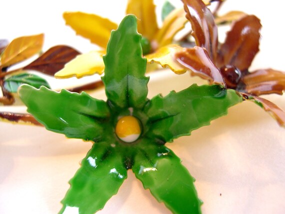 Vintage Enameled Flower Brooch Yellow Chocolate G… - image 5